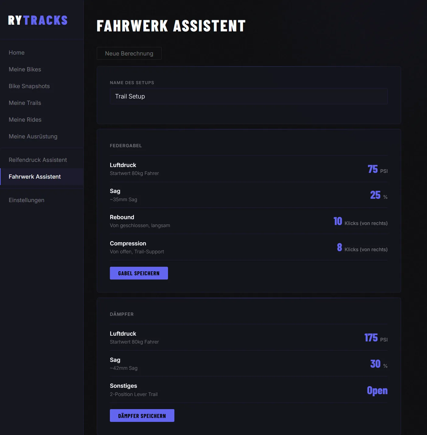 Fahrwerk Assistent — Ergebnis mit Einstellwerten