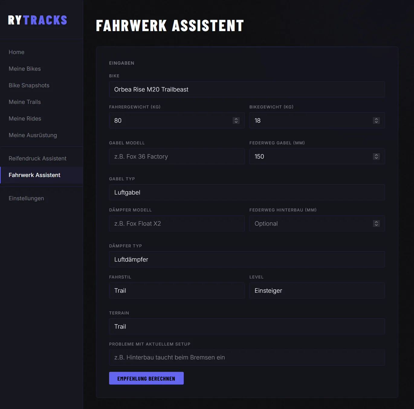 Fahrwerk Assistent — Eingabemaske